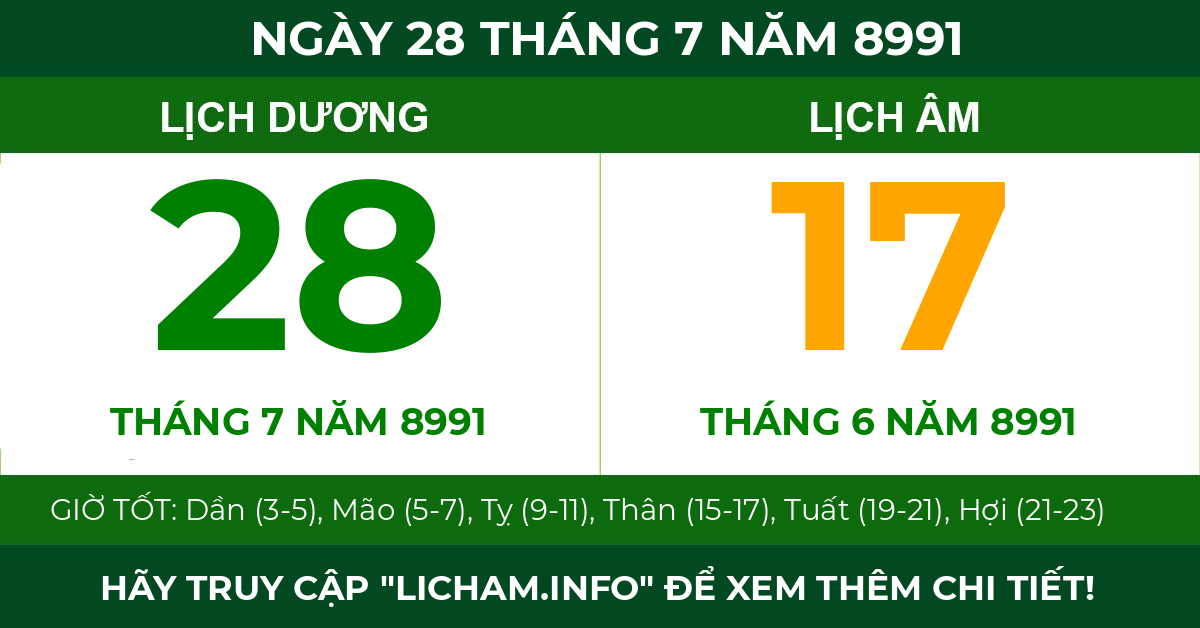 lịch âm ngày 28 tháng 7 năm 8991