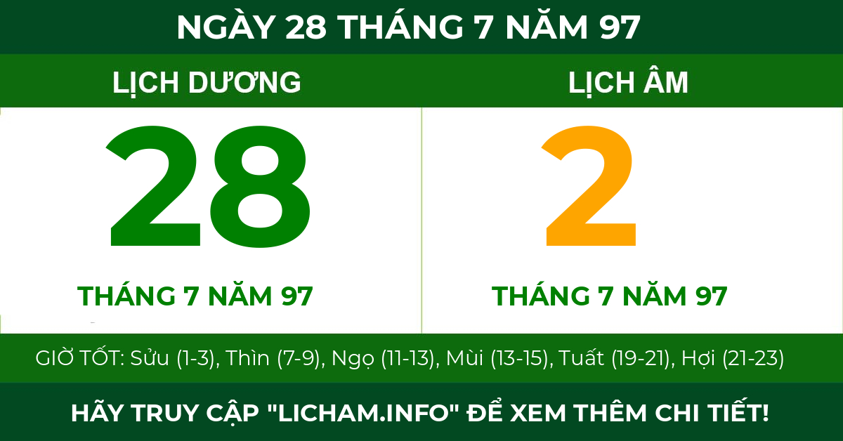 lịch âm ngày 28 tháng 7 năm 97