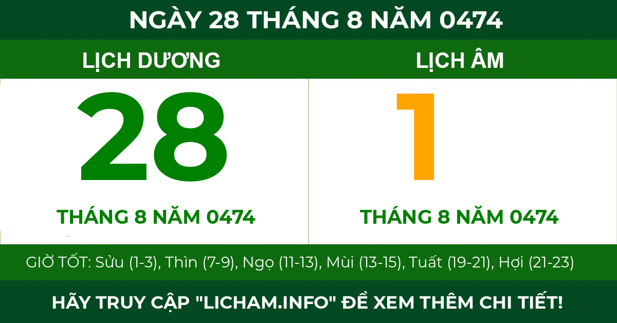 lịch âm ngày 28 tháng 8 năm 0474