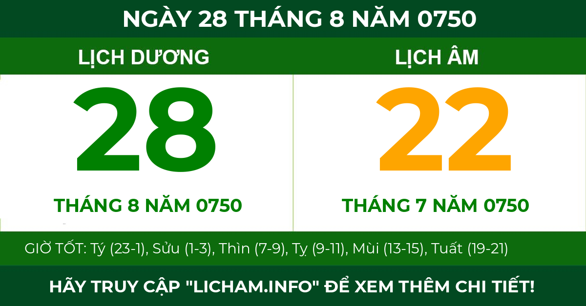 lịch âm ngày 28 tháng 8 năm 0750