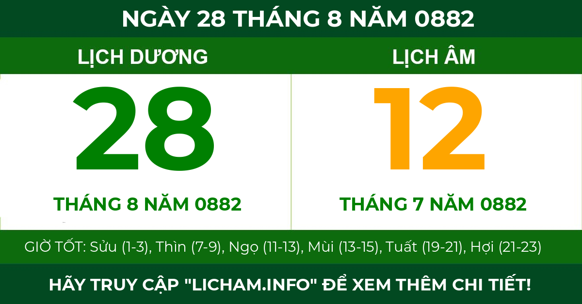 lịch âm ngày 28 tháng 8 năm 0882