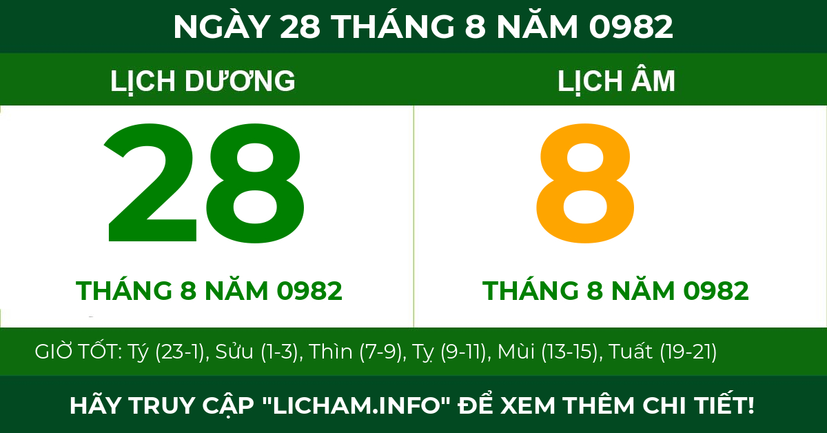 lịch âm ngày 28 tháng 8 năm 0982