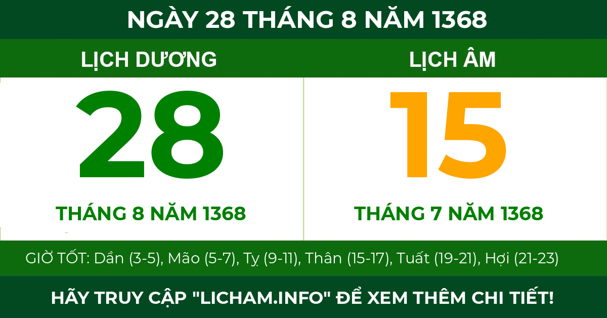 lịch âm ngày 28 tháng 8 năm 1368