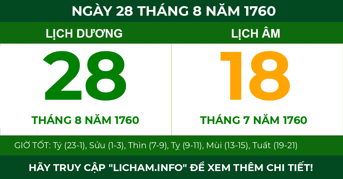 lịch âm ngày 28 tháng 8 năm 1760