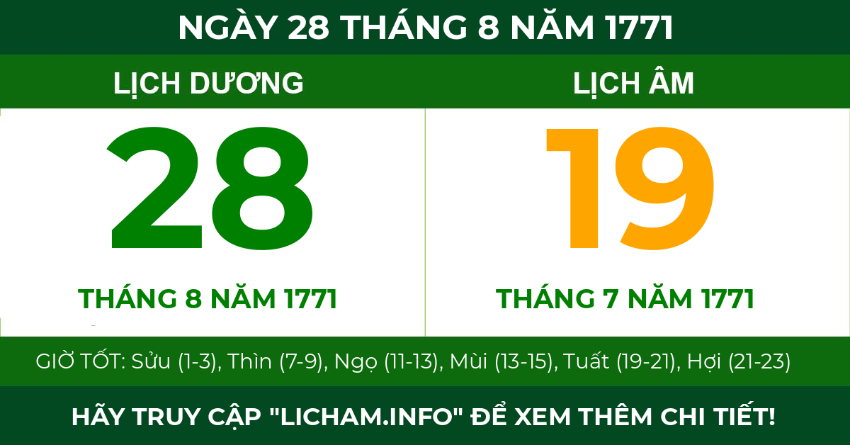 lịch âm ngày 28 tháng 8 năm 1771