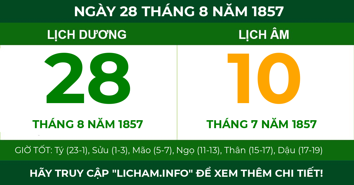lịch âm ngày 28 tháng 8 năm 1857