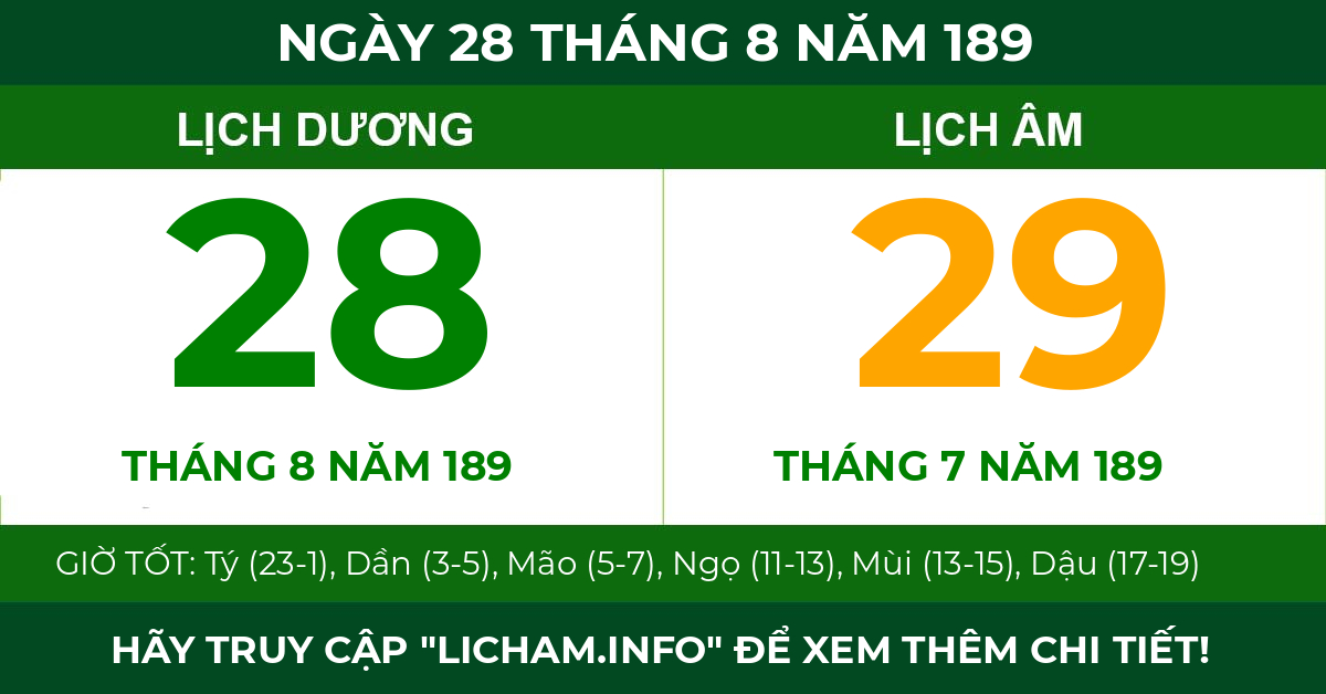 lịch âm ngày 28 tháng 8 năm 189