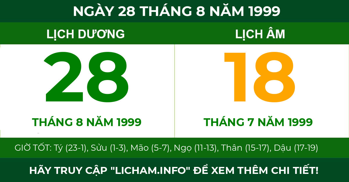lịch âm ngày 28 tháng 8 năm 1999