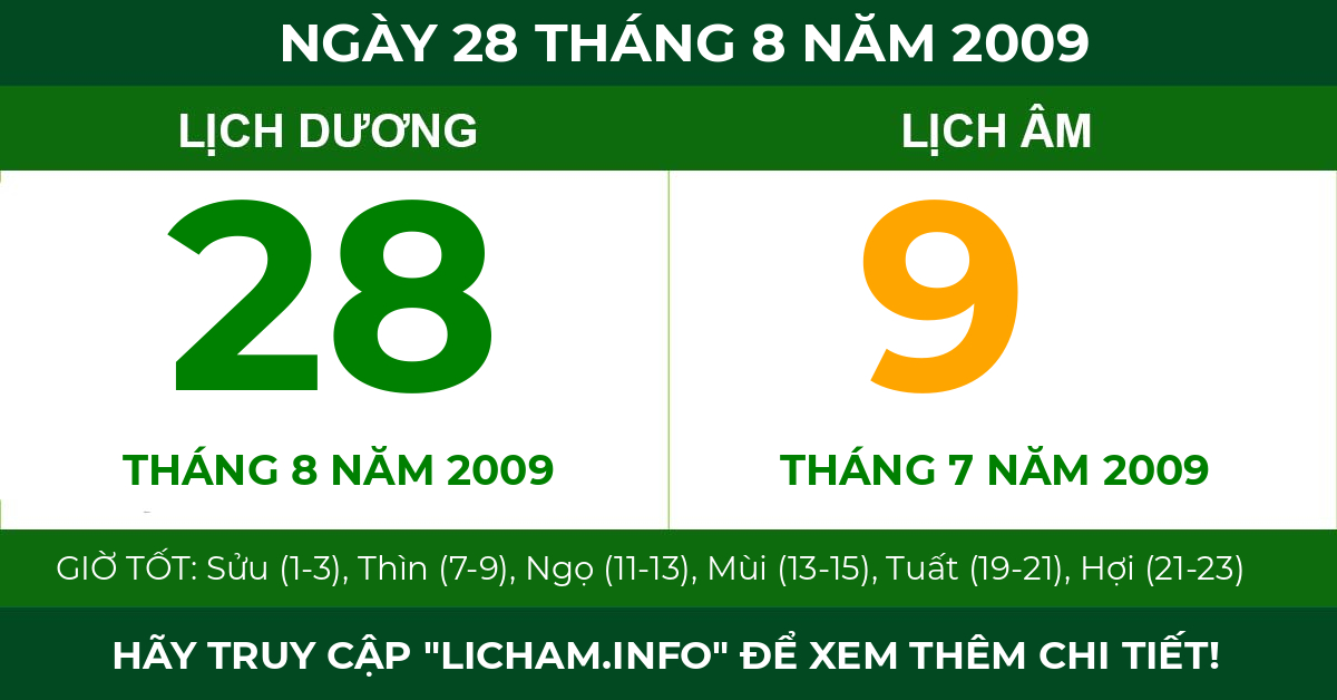 lịch âm ngày 28 tháng 8 năm 2009