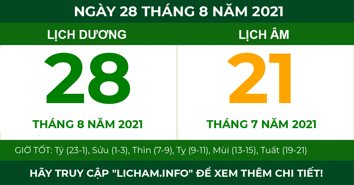 lịch âm ngày 28 tháng 8 năm 2021