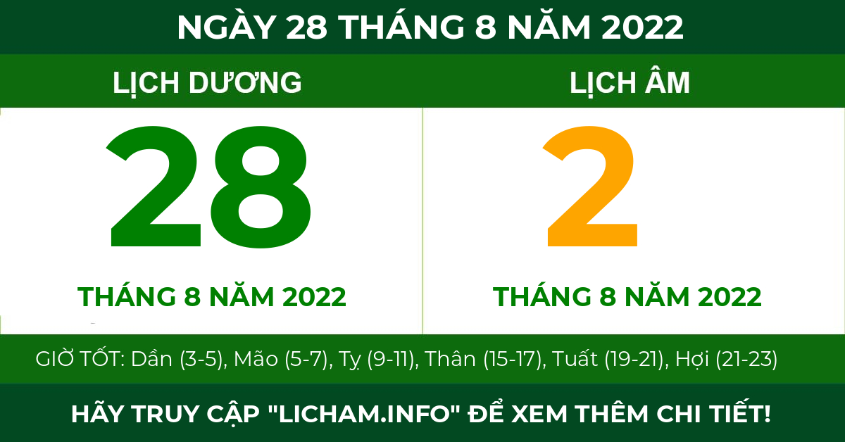 lịch âm ngày 28 tháng 8 năm 2022