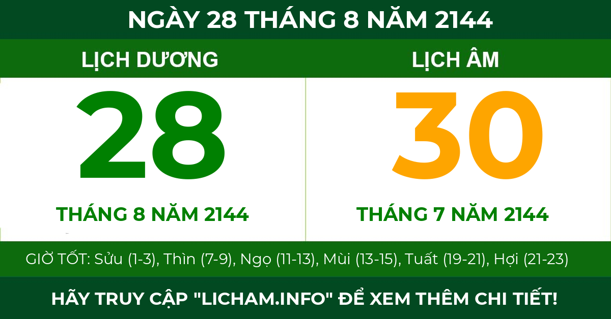 lịch âm ngày 28 tháng 8 năm 2144