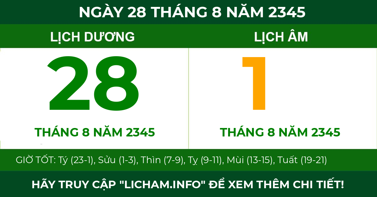 lịch âm ngày 28 tháng 8 năm 2345