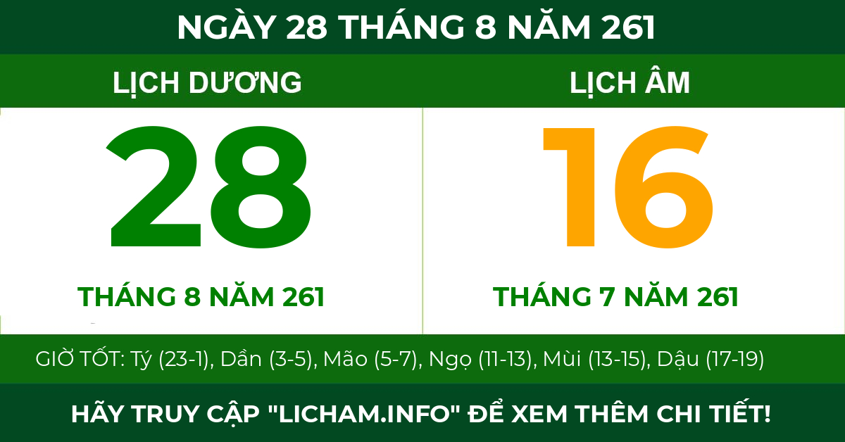 lịch âm ngày 28 tháng 8 năm 261