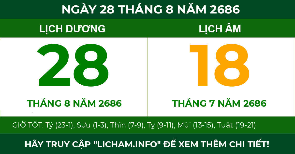 lịch âm ngày 28 tháng 8 năm 2686