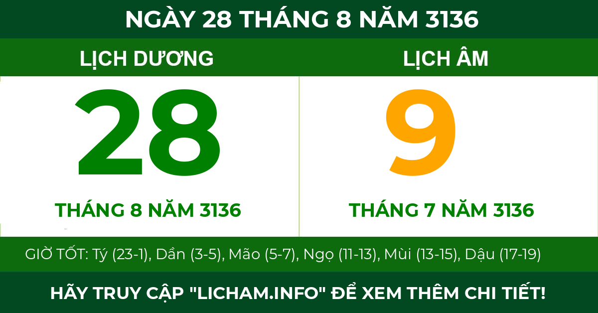lịch âm ngày 28 tháng 8 năm 3136