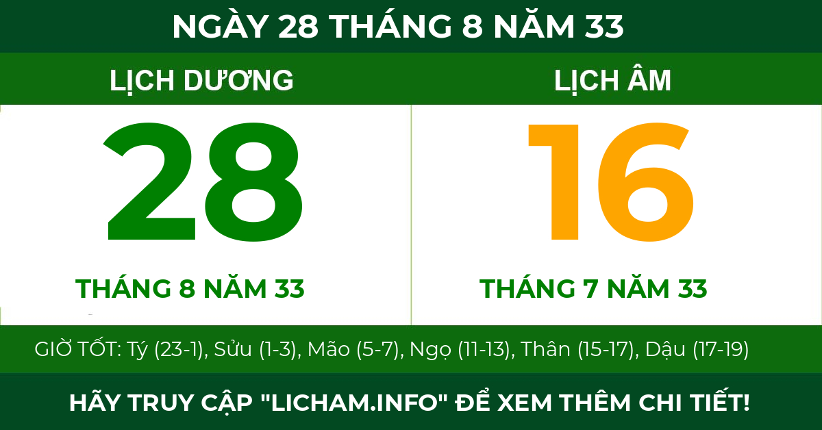 lịch âm ngày 28 tháng 8 năm 33