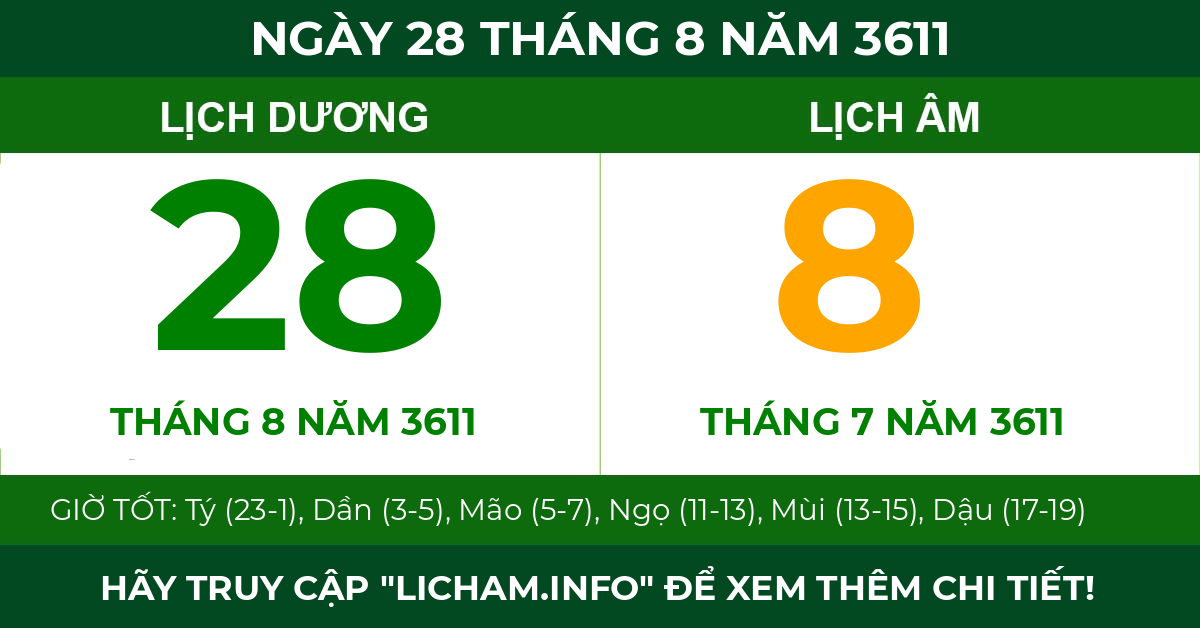 lịch âm ngày 28 tháng 8 năm 3611