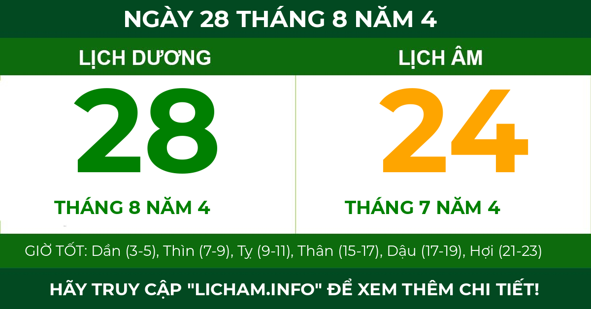 lịch âm ngày 28 tháng 8 năm 4