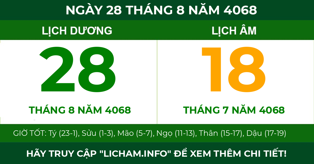 lịch âm ngày 28 tháng 8 năm 4068