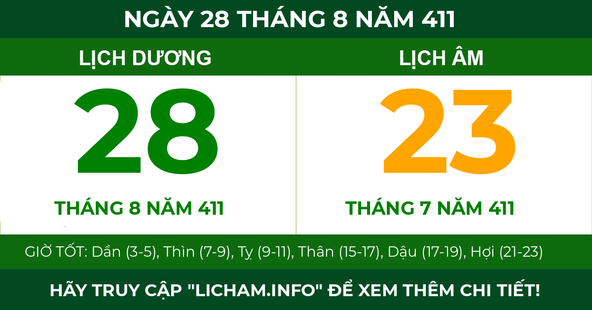 lịch âm ngày 28 tháng 8 năm 411