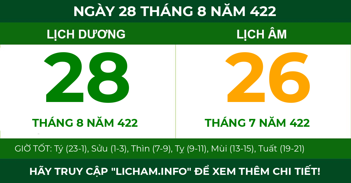 lịch âm ngày 28 tháng 8 năm 422