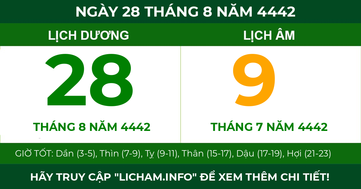 lịch âm ngày 28 tháng 8 năm 4442