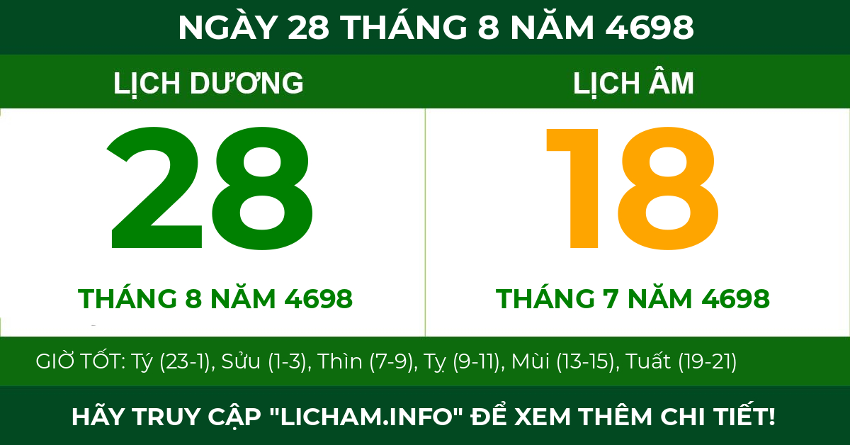 lịch âm ngày 28 tháng 8 năm 4698