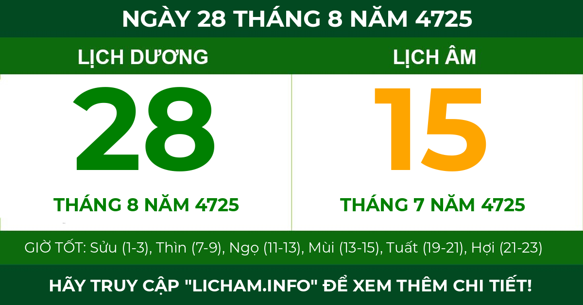 lịch âm ngày 28 tháng 8 năm 4725
