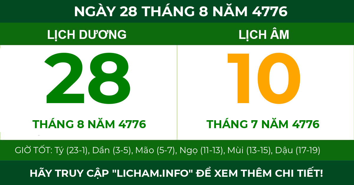 lịch âm ngày 28 tháng 8 năm 4776