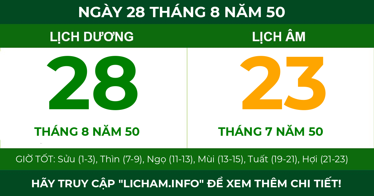 lịch âm ngày 28 tháng 8 năm 50