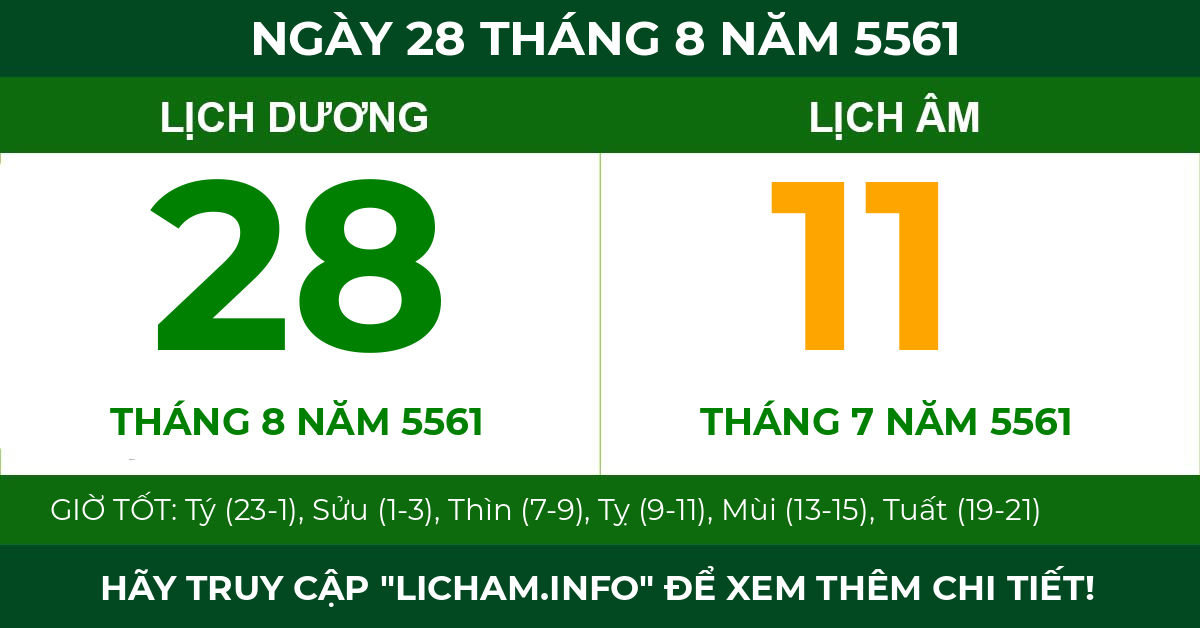 lịch âm ngày 28 tháng 8 năm 5561