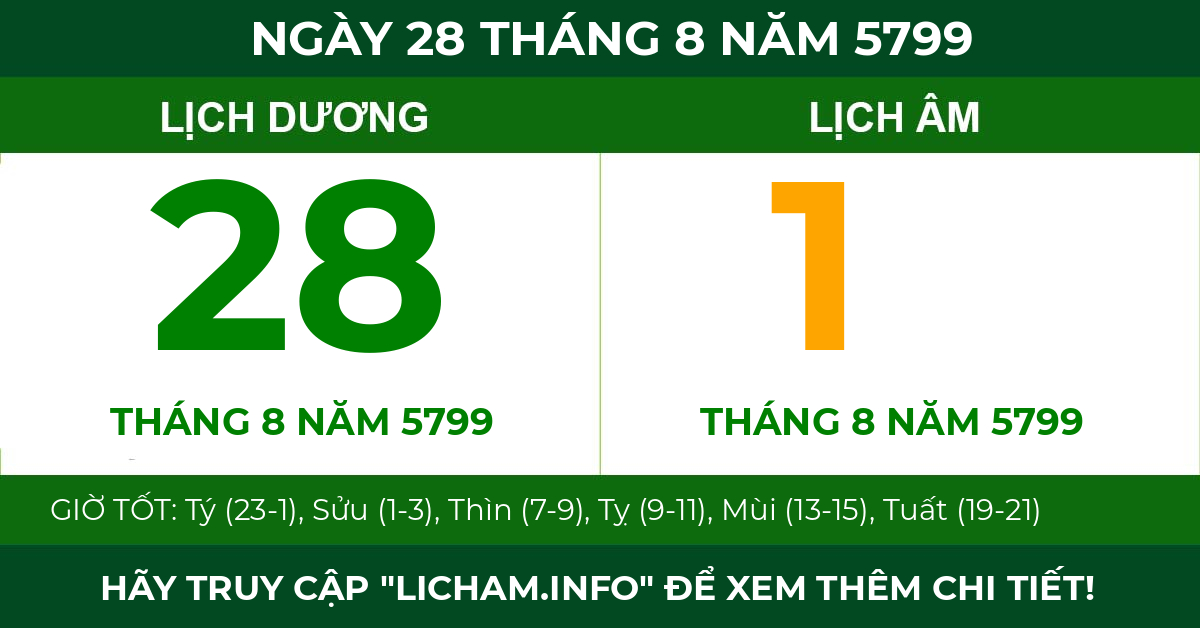 lịch âm ngày 28 tháng 8 năm 5799