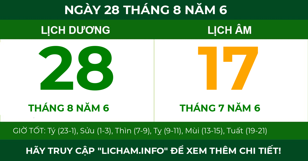 lịch âm ngày 28 tháng 8 năm 6