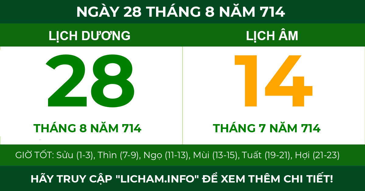 lịch âm ngày 28 tháng 8 năm 714