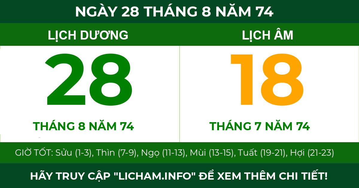 lịch âm ngày 28 tháng 8 năm 74
