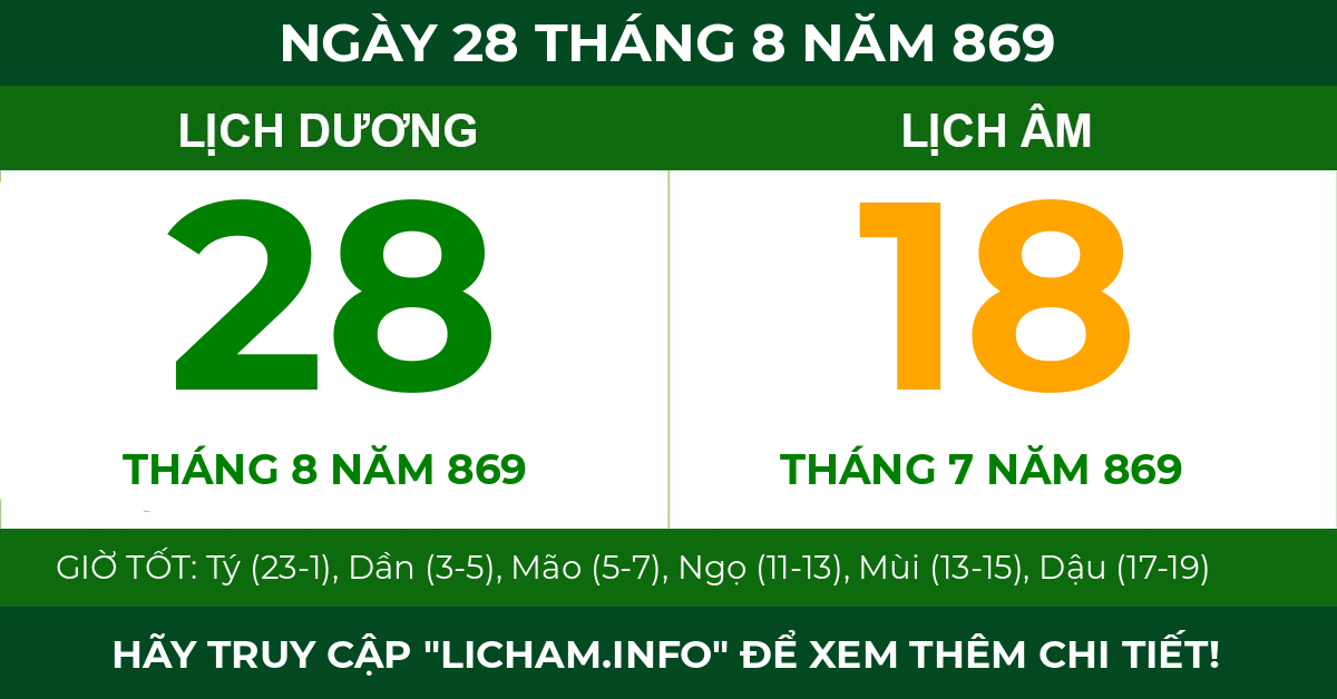 lịch âm ngày 28 tháng 8 năm 869
