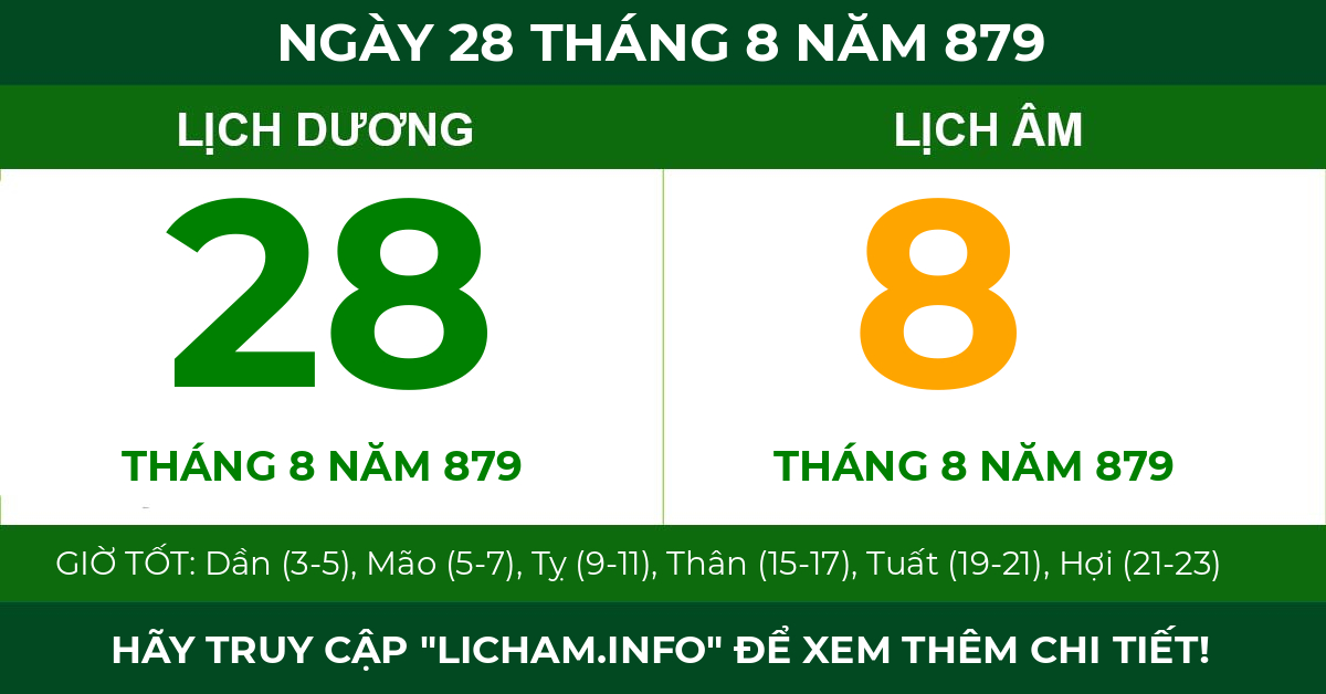 lịch âm ngày 28 tháng 8 năm 879