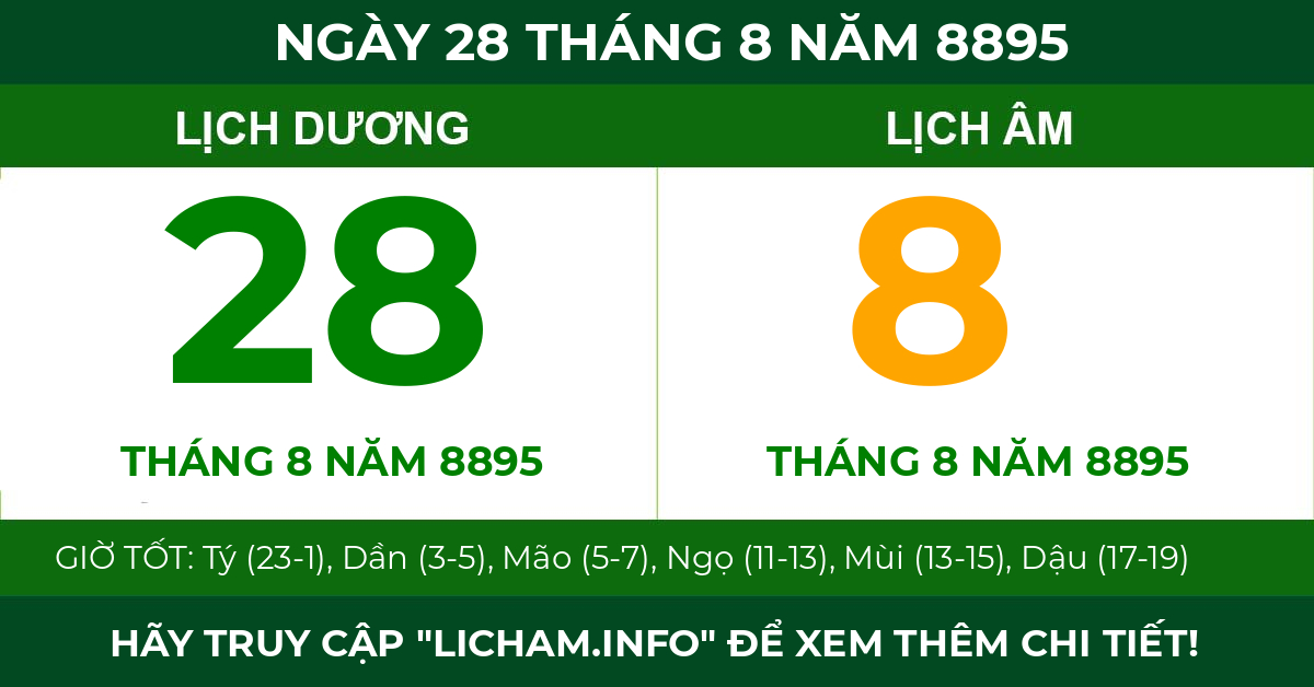 lịch âm ngày 28 tháng 8 năm 8895