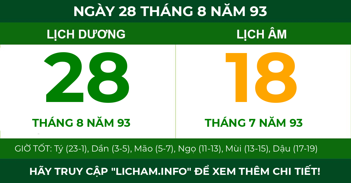 lịch âm ngày 28 tháng 8 năm 93
