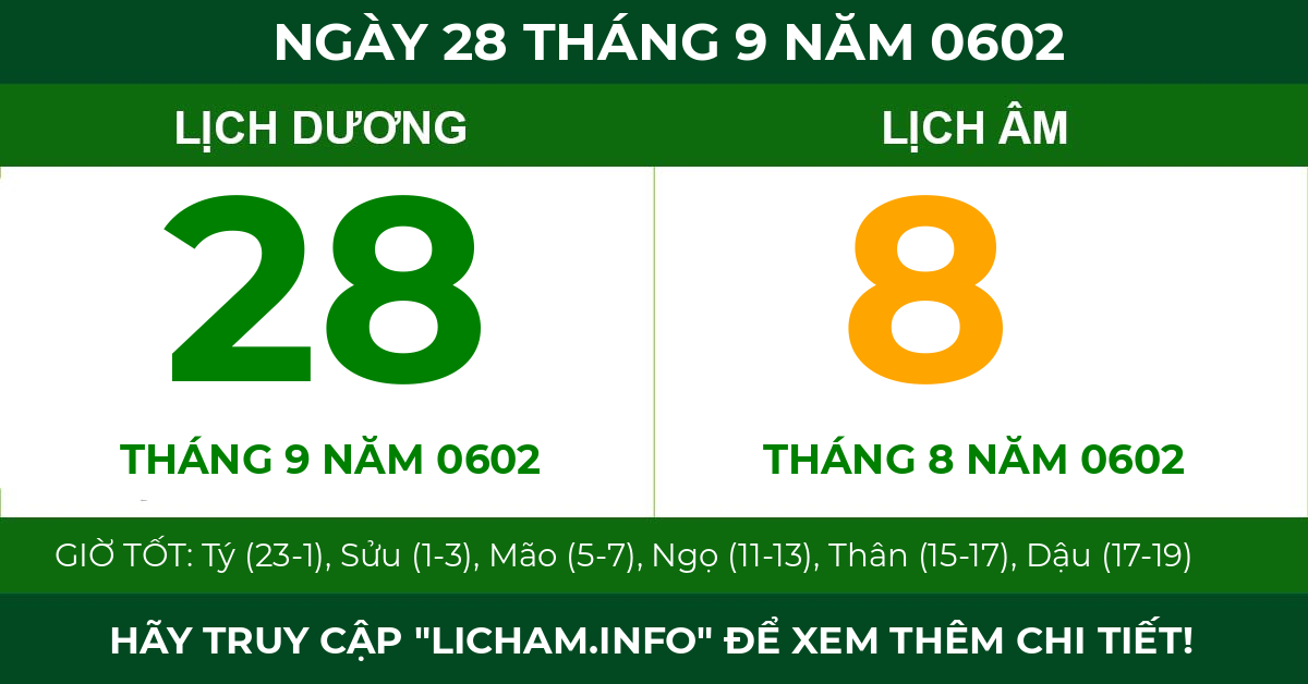lịch âm ngày 28 tháng 9 năm 0602