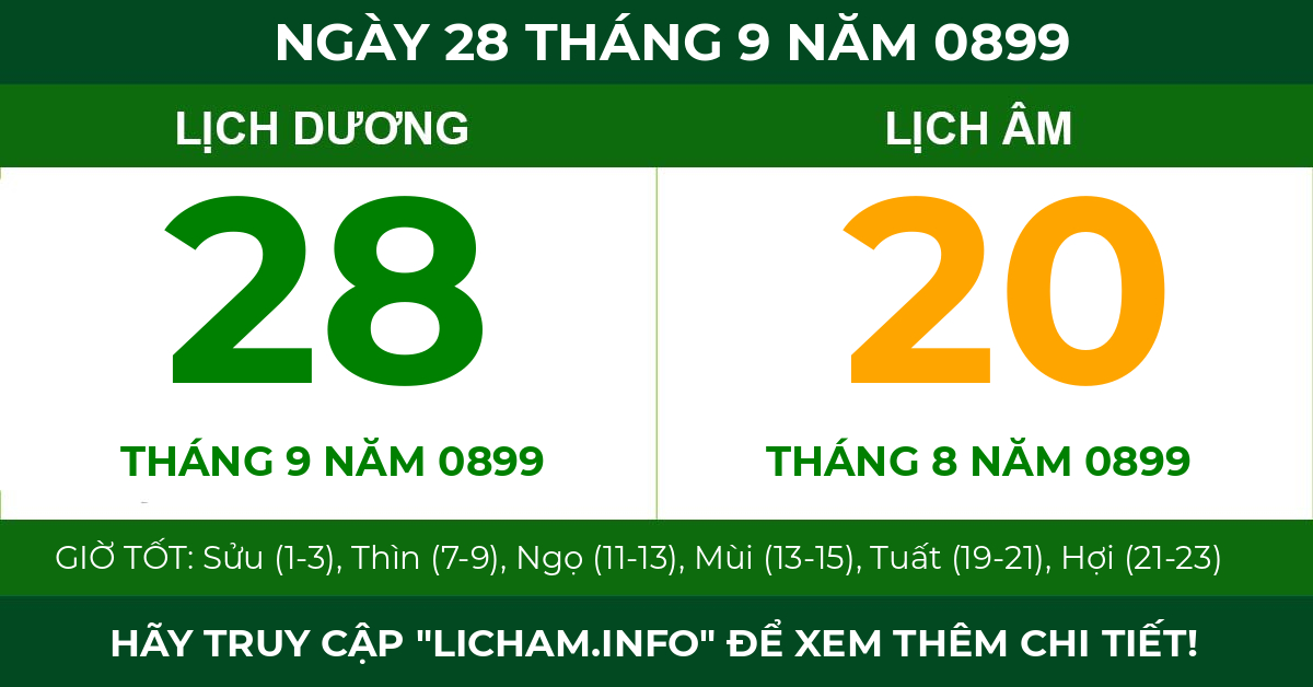 lịch âm ngày 28 tháng 9 năm 0899