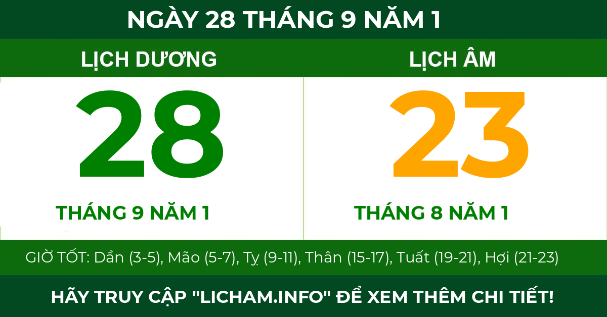 lịch âm ngày 28 tháng 9 năm 1