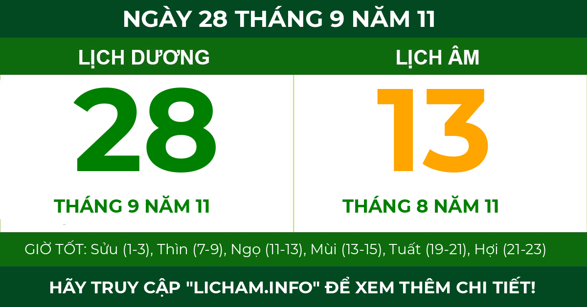 lịch âm ngày 28 tháng 9 năm 11