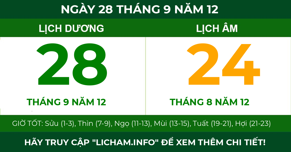 lịch âm ngày 28 tháng 9 năm 12