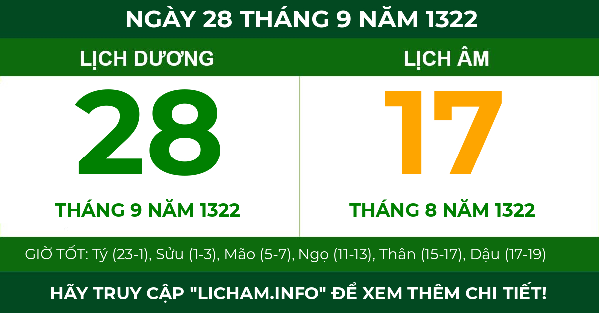 lịch âm ngày 28 tháng 9 năm 1322