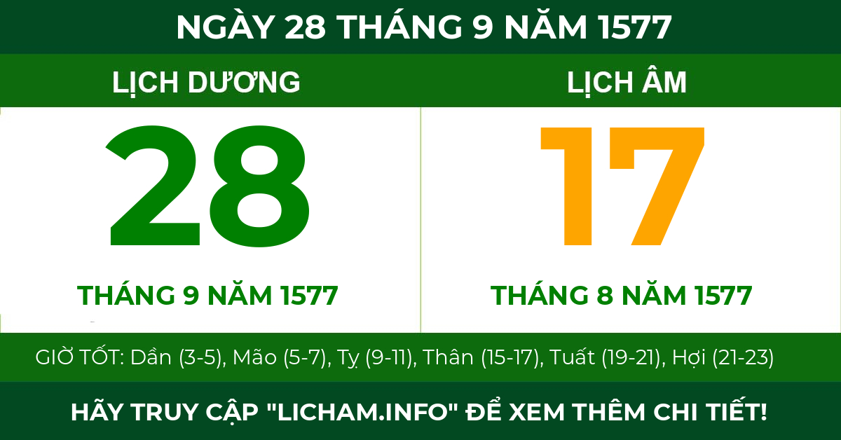 lịch âm ngày 28 tháng 9 năm 1577