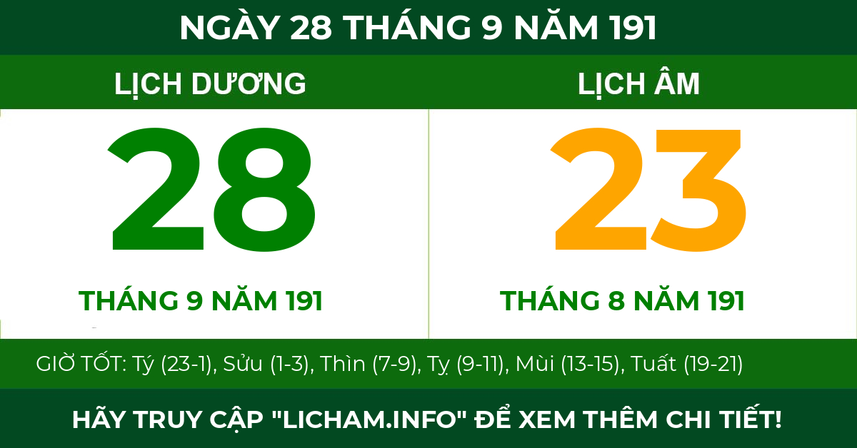 lịch âm ngày 28 tháng 9 năm 191