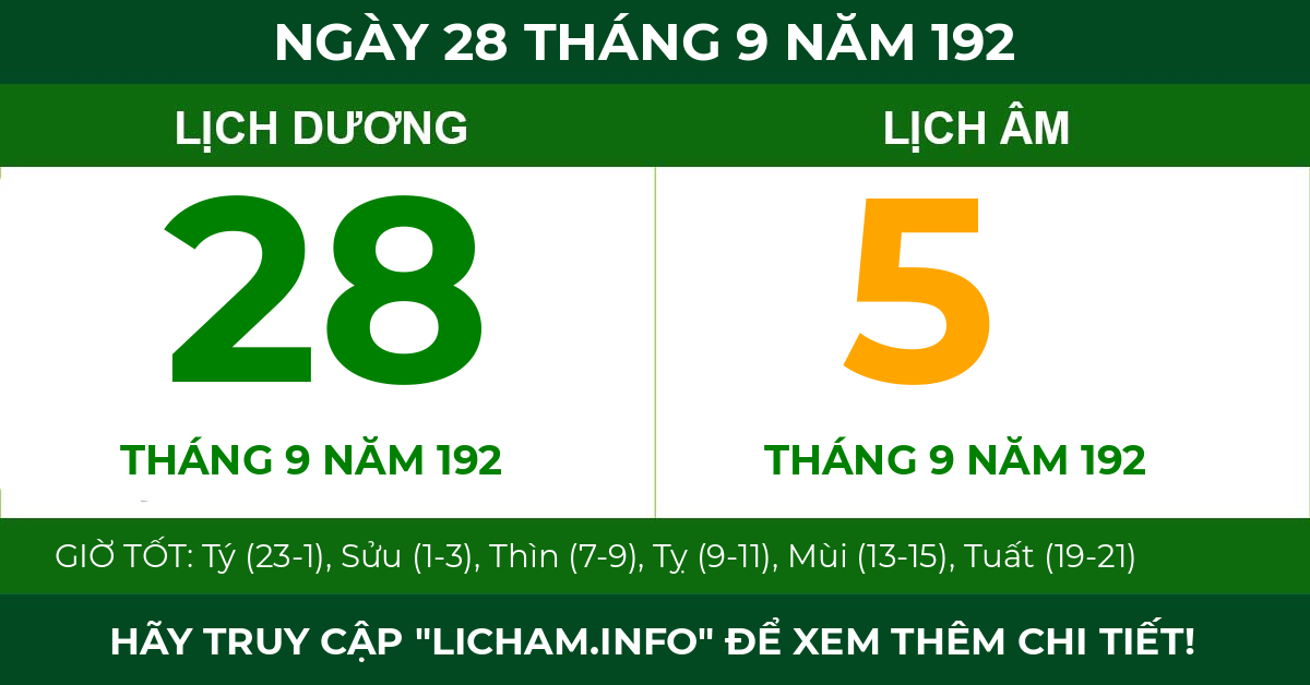 lịch âm ngày 28 tháng 9 năm 192