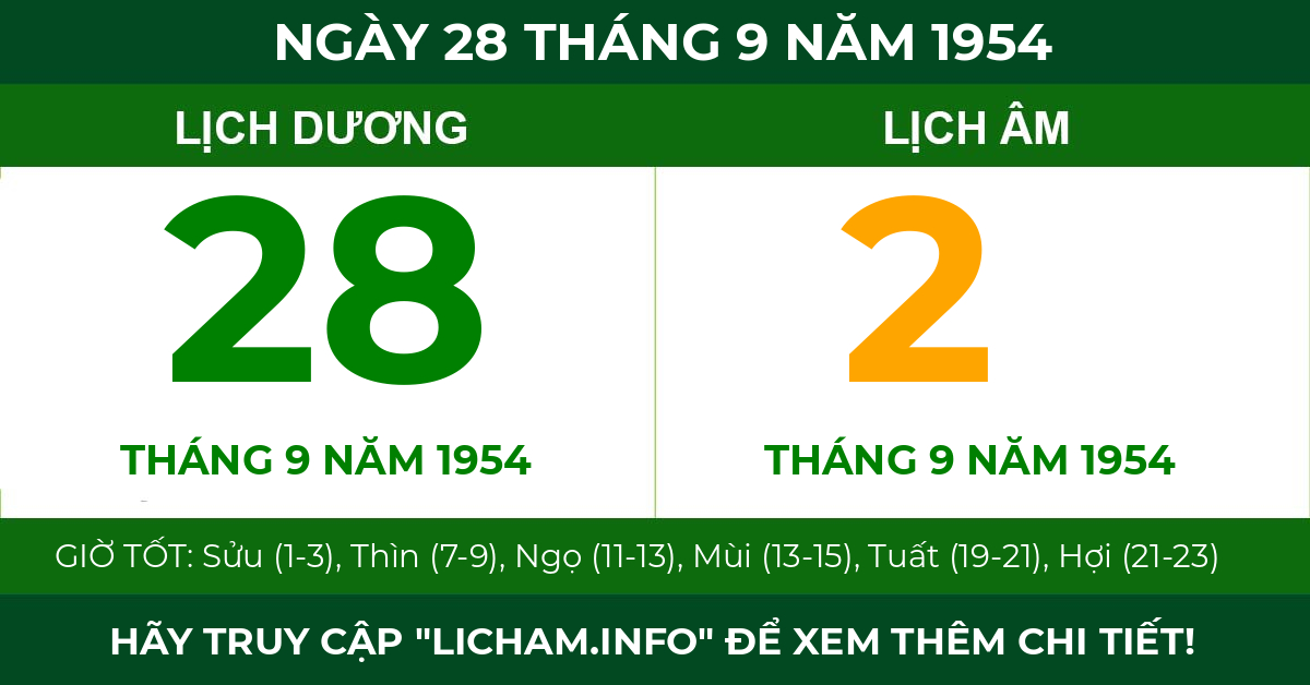 lịch âm ngày 28 tháng 9 năm 1954